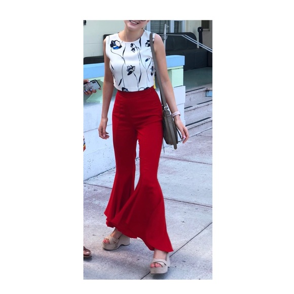 Red Flare Ruffle Pants - Picture 5 of 8